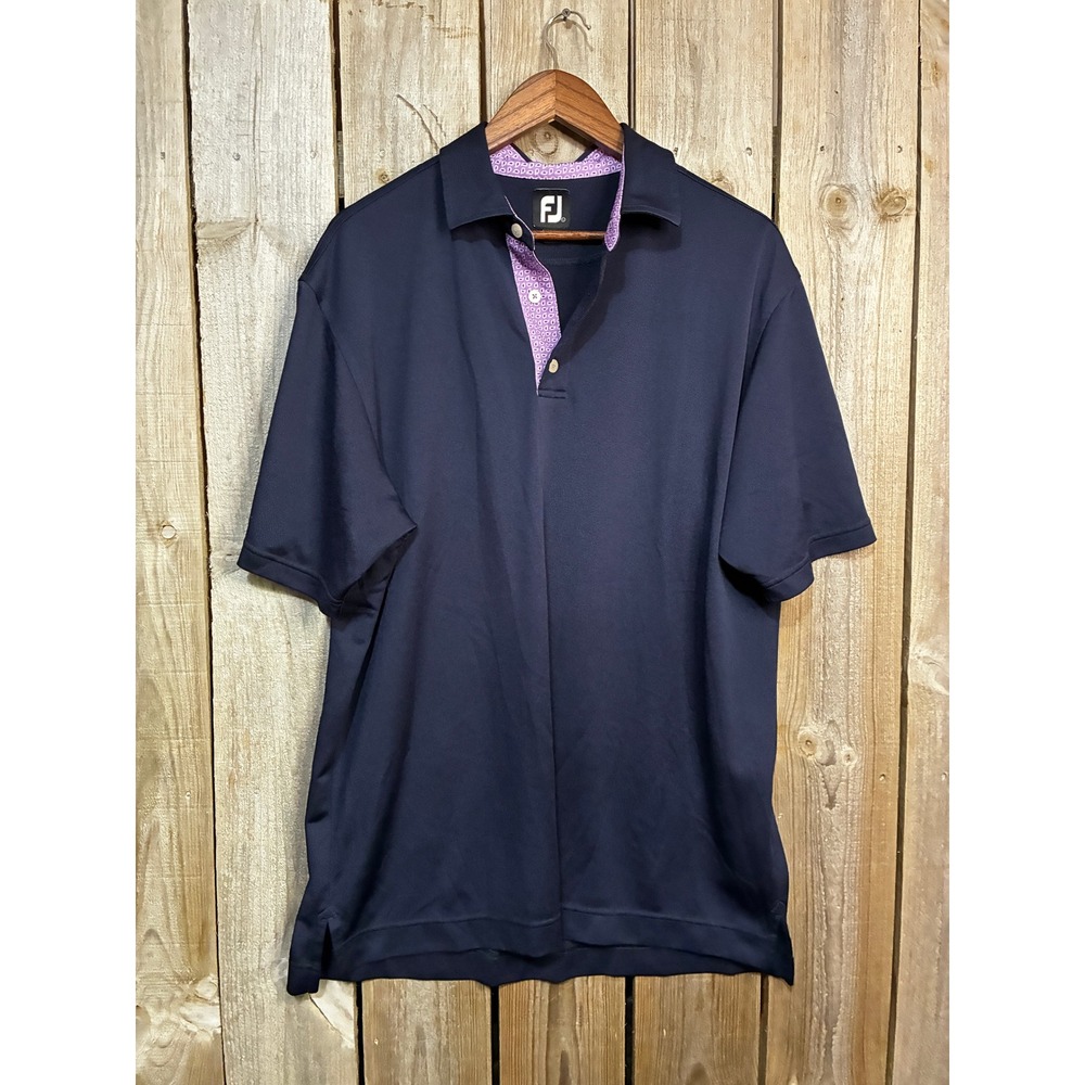 FootJoy Mens Navy Blue Golf Polo Shirt Purple Paisley Trim Size Large